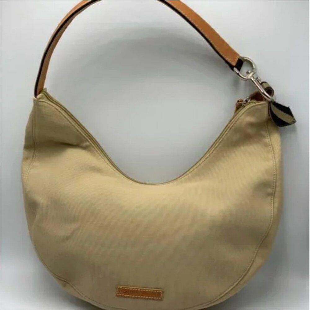 BCBGMAXAZRIA Canvas Bohemian Hobo Tan Bag with Leather Strap